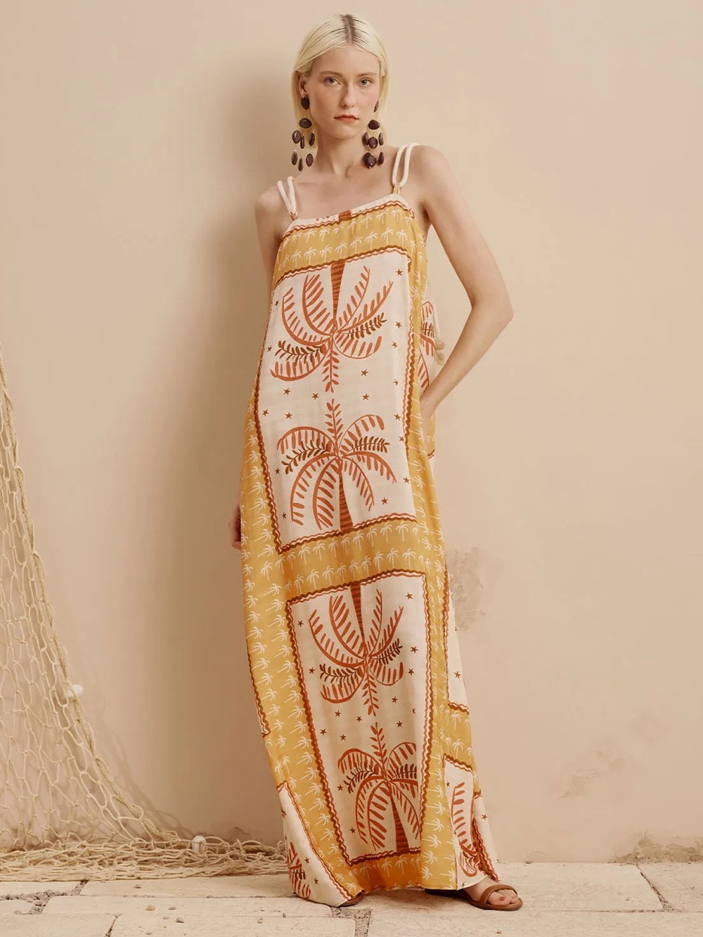 CaCay Copaiba Printed Rope Strap Maxi Dress Vacation Ready Small P